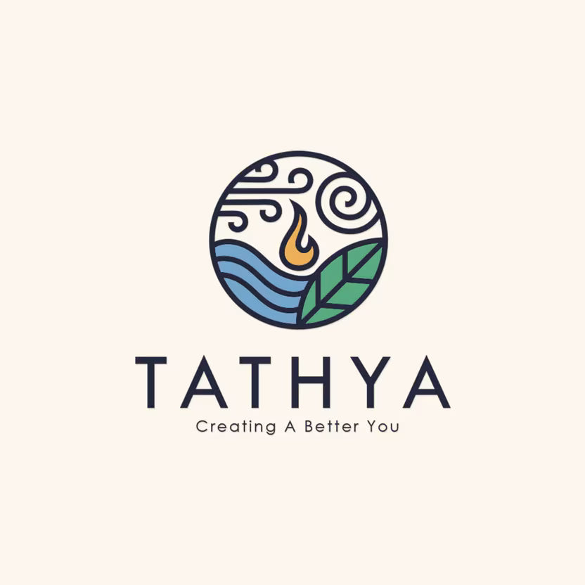 Logo of Tathya Wellness with a circular design featuring water, fire, air and leaves on a white background.